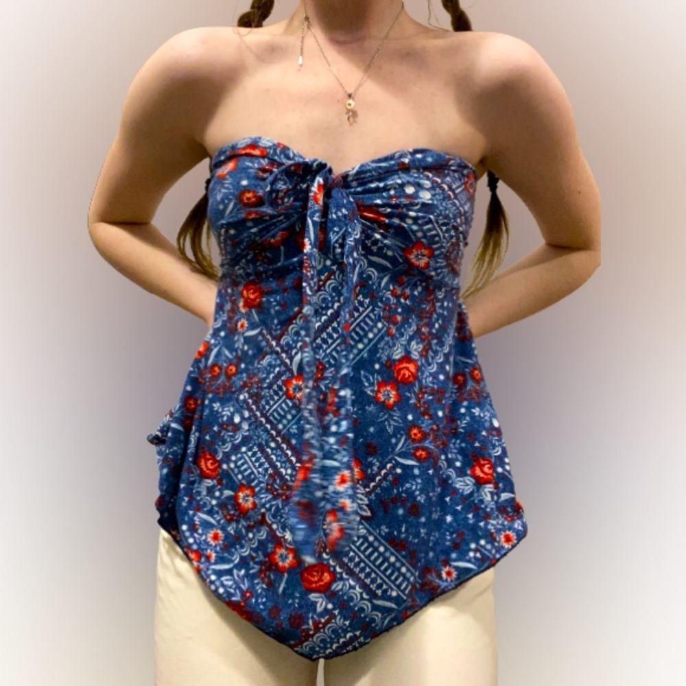 Small Blue Floral Flowy Tube Top Y2K Front Tie Shirt Sleeveless Cute Flower Top